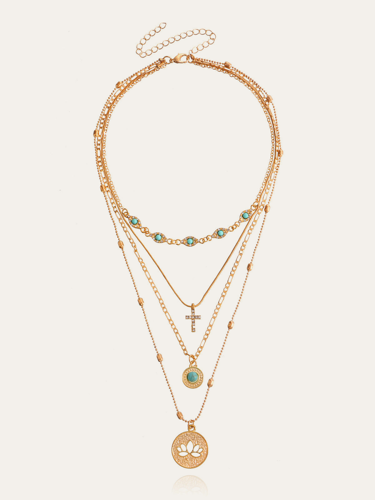 Layered Gold Tone Necklace with Turquoise and Charms-Chicvia