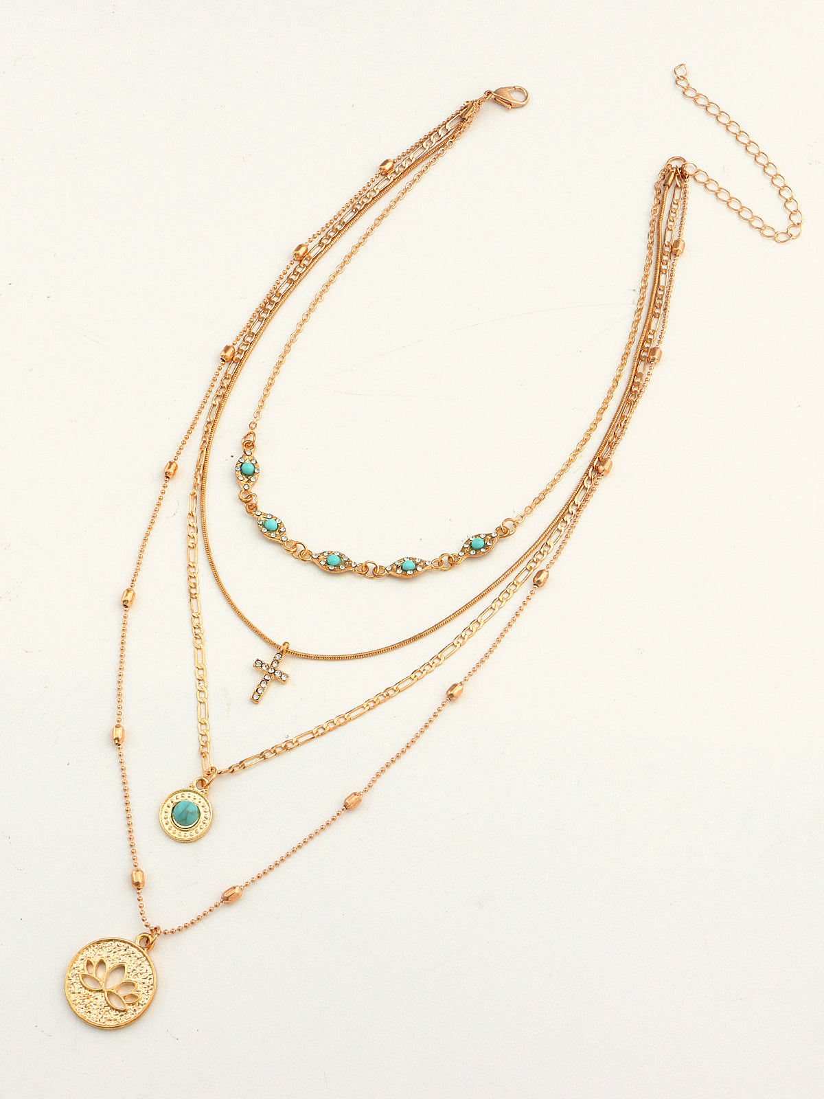 Layered Gold Tone Necklace with Turquoise and Charms-Chicvia