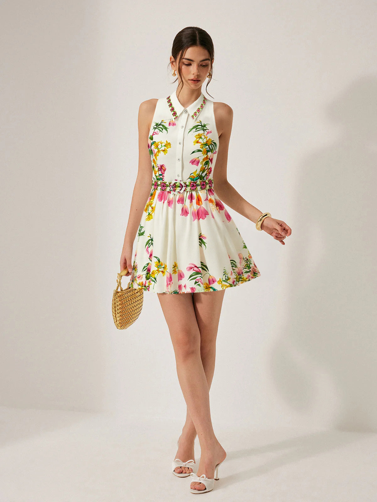 Floral Print Belted Mini Dress-Chicvia