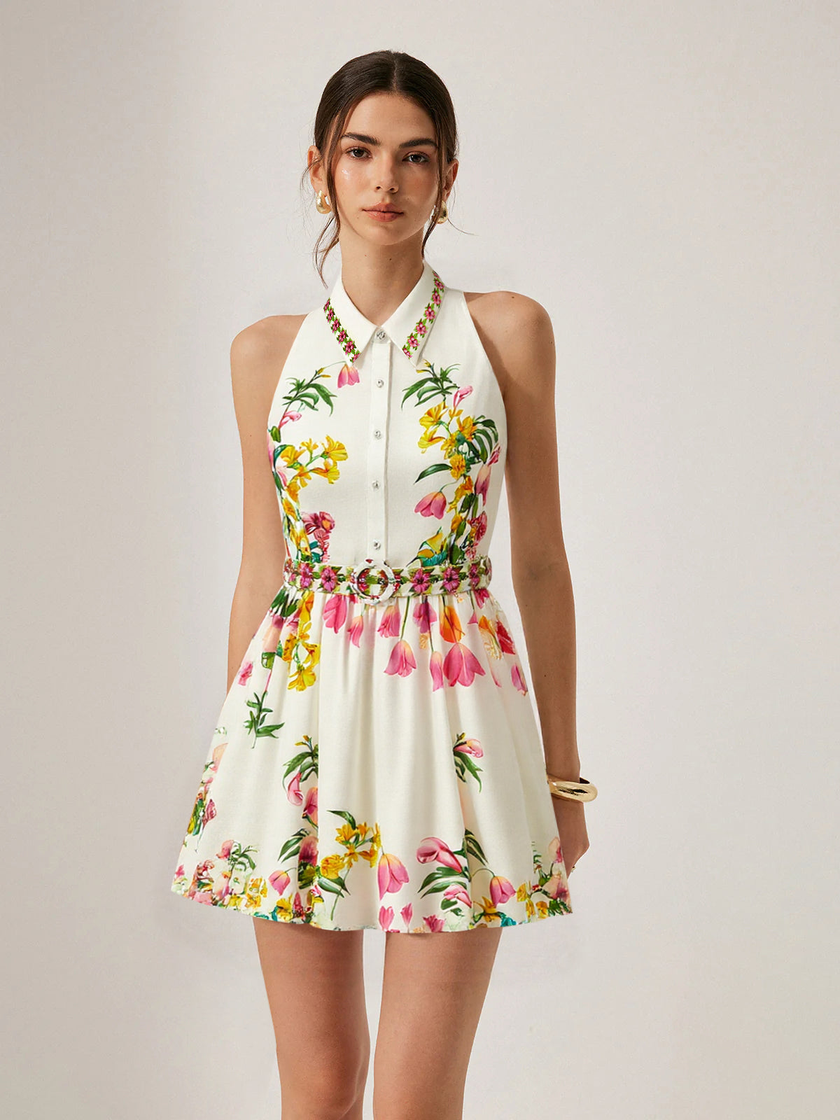 Floral Print Belted Mini Dress-Chicvia
