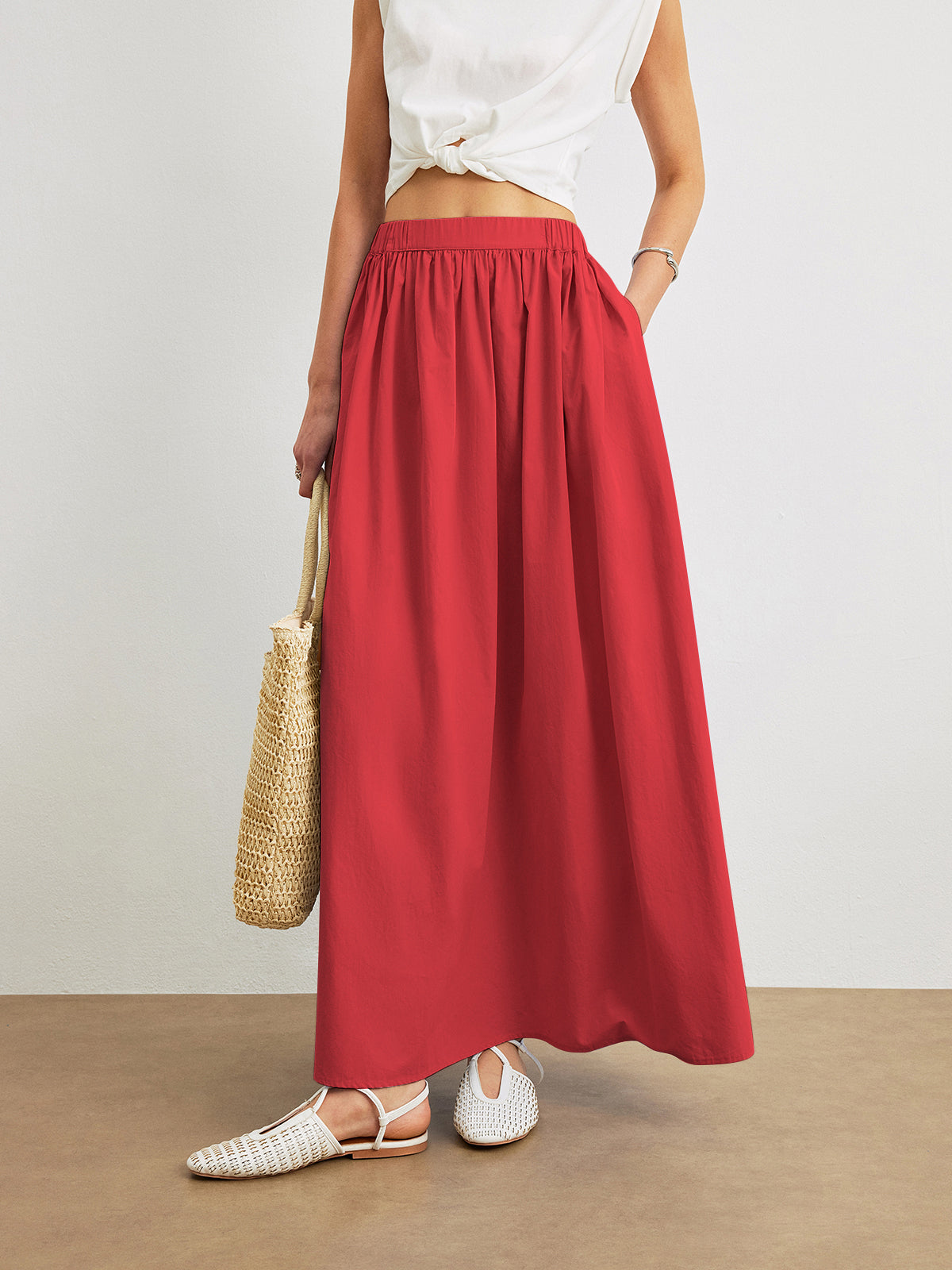 Cotton A-Line Skirt With Pockets-Chicvia