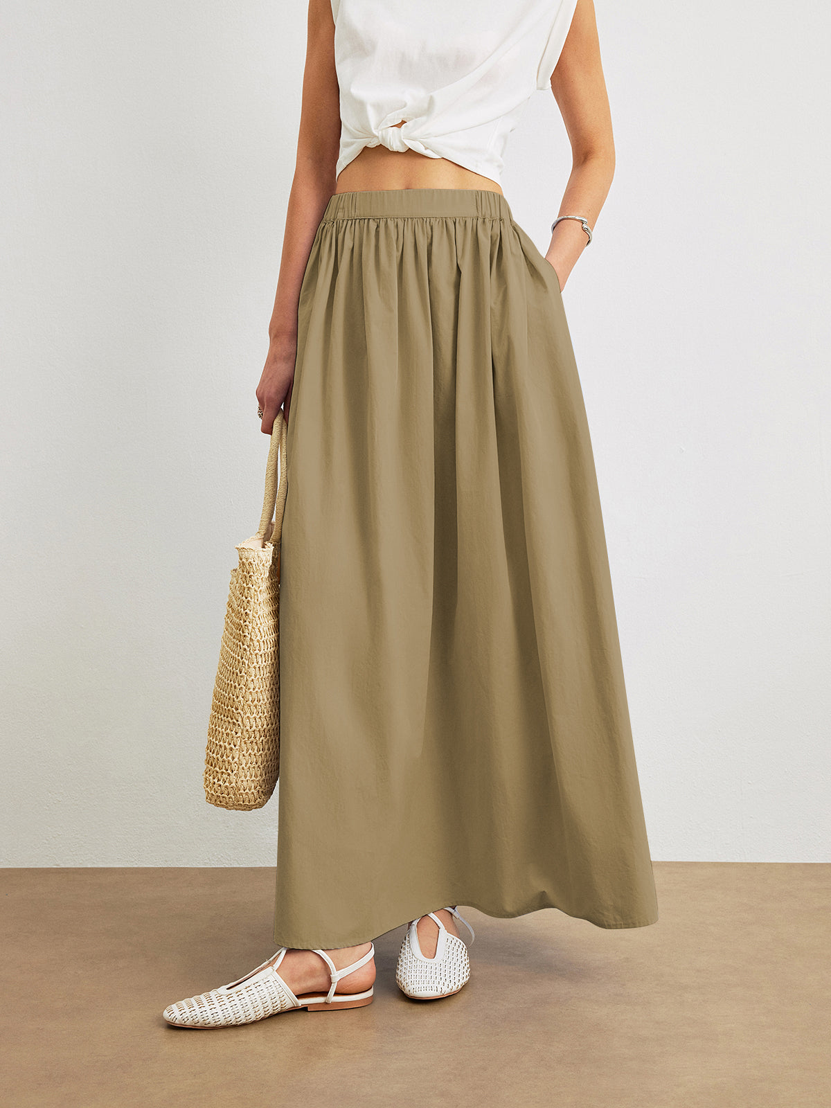 Cotton A-Line Skirt With Pockets-Chicvia