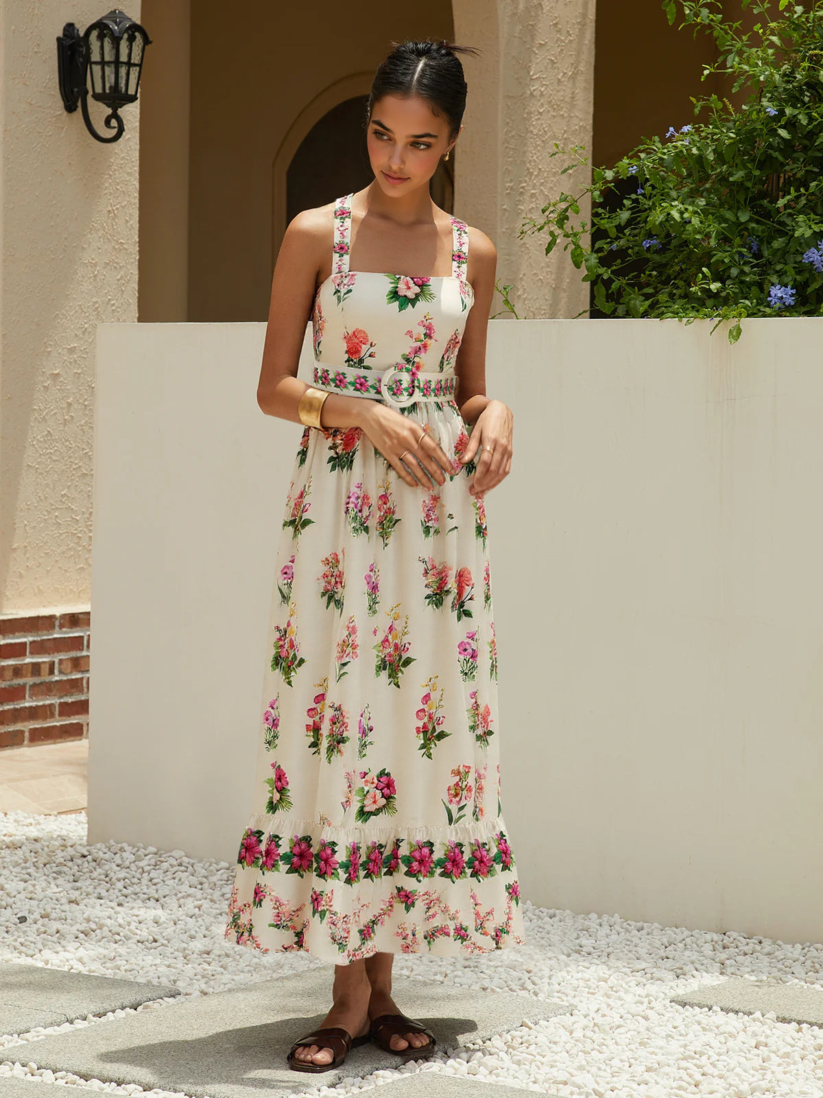 Floral Print Belted Midi Dress-Chicvia