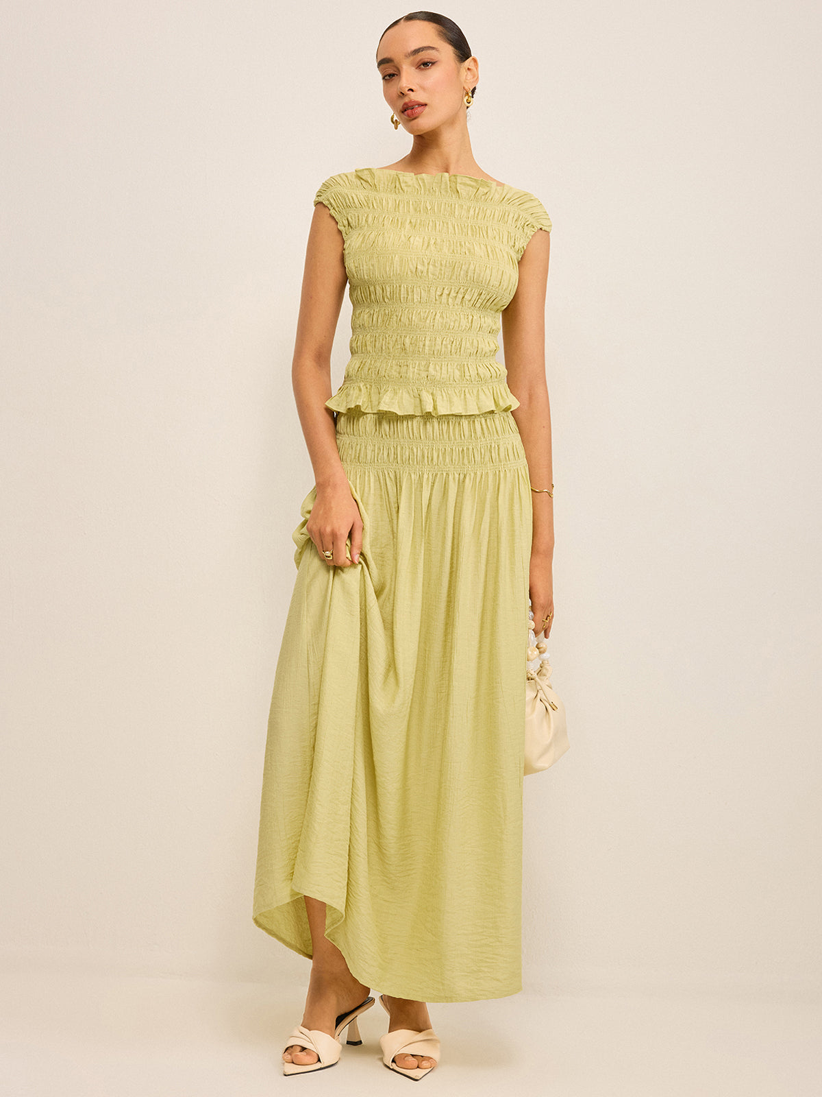 Pleated Linen Smocked Maxi Skirt-Chicvia