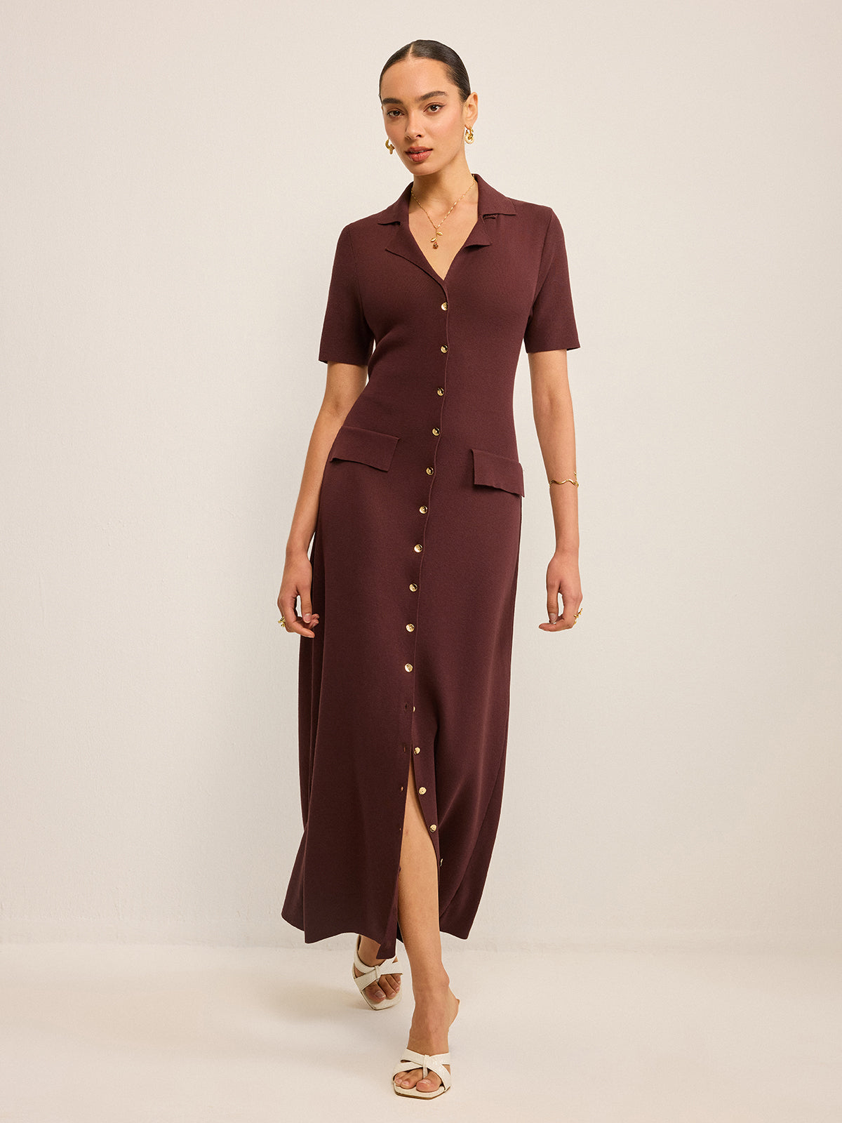 Pocketed Button-Front Maxi Dress-Chicvia