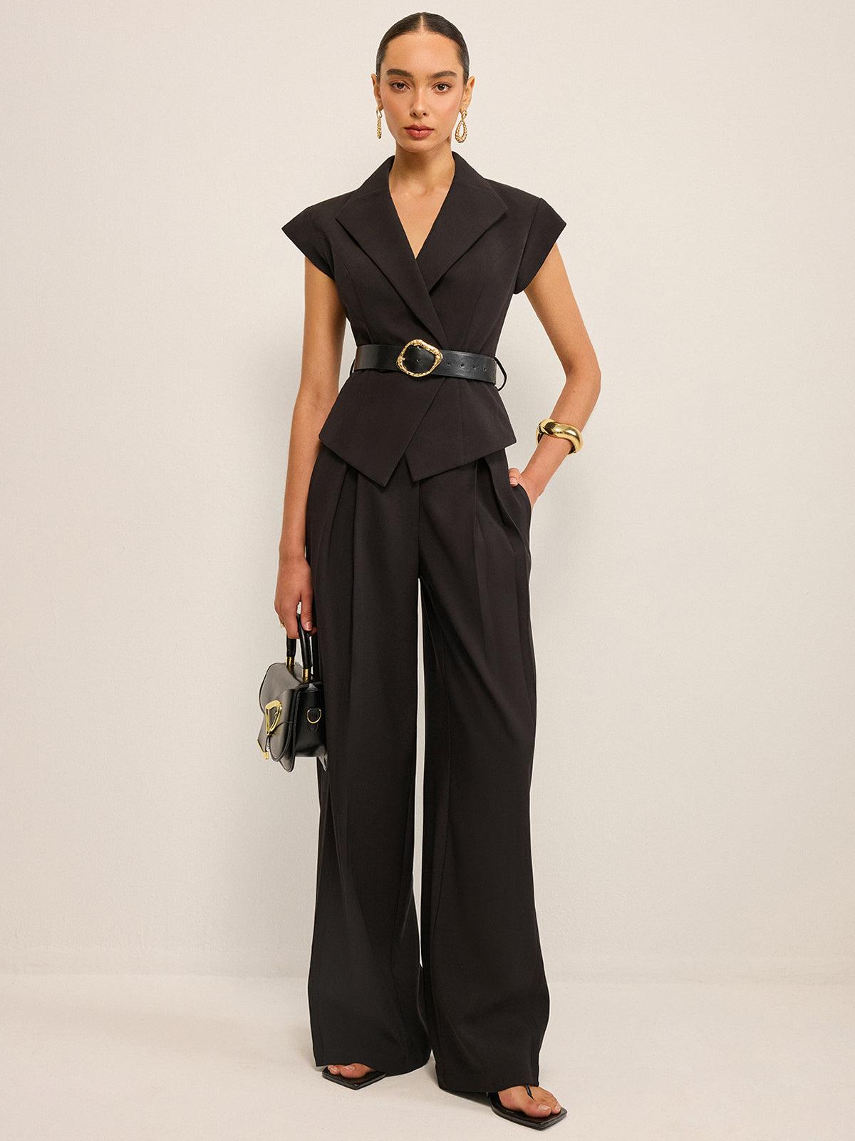 Belted Peplum Vest with Metal Buckle Detail-Chicvia