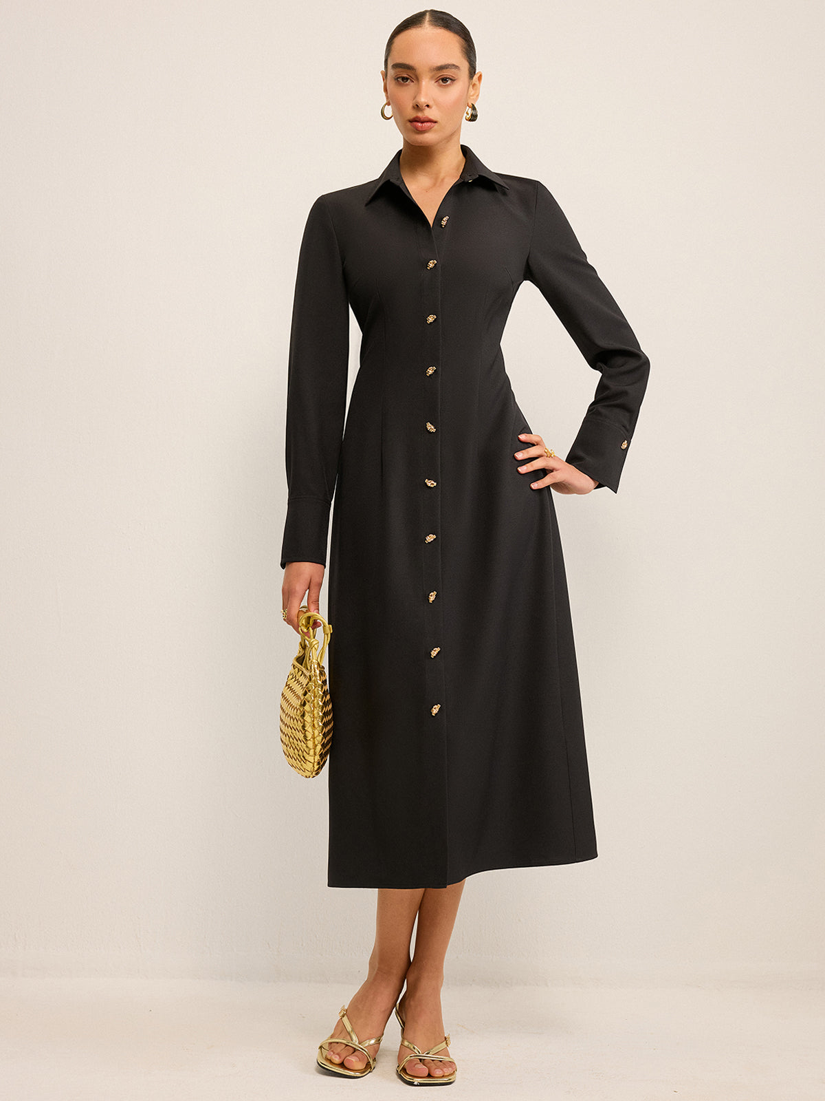 Long Sleeve Button-Front Shirt Dress-Chicvia
