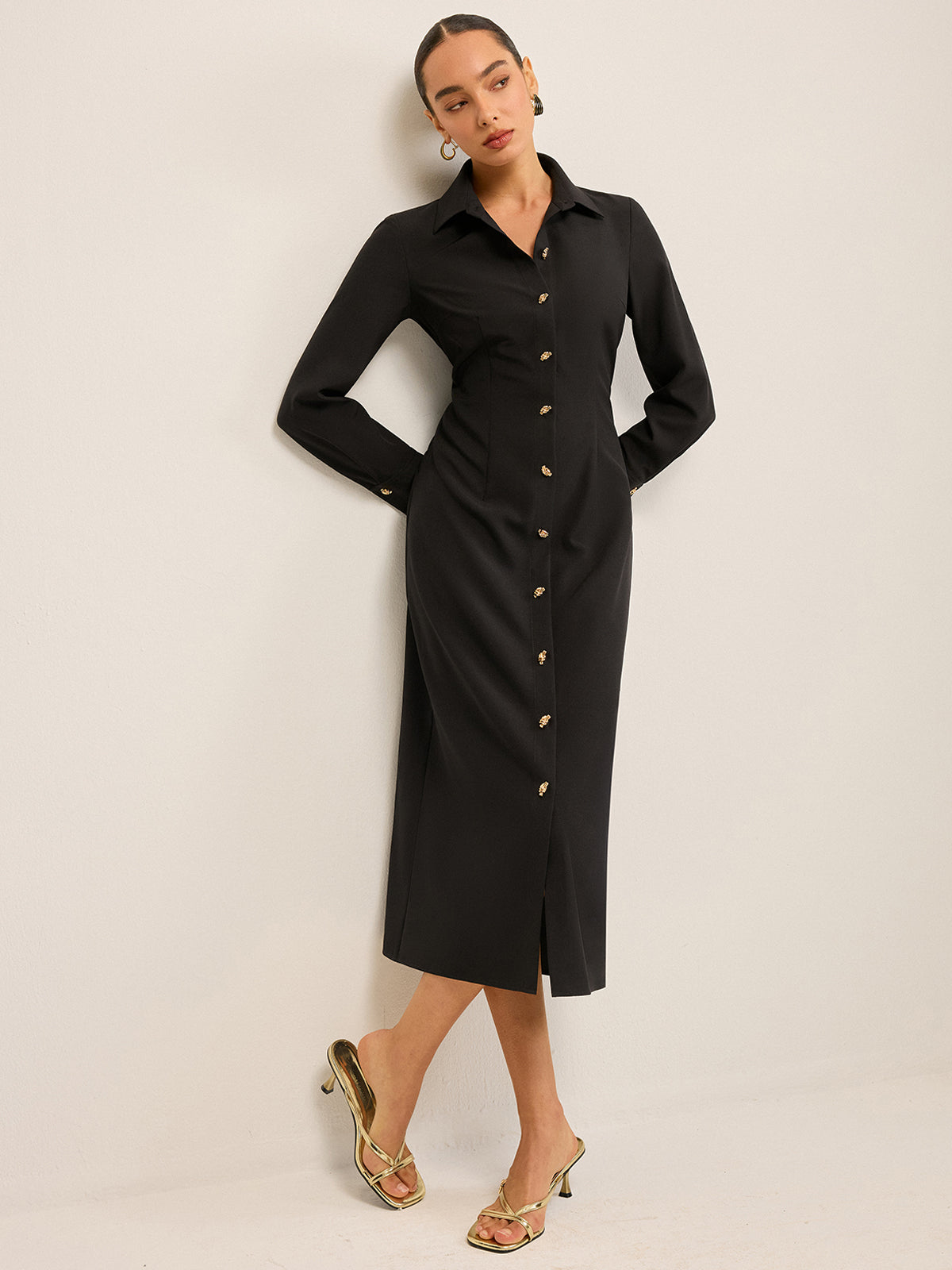 Long Sleeve Button-Front Shirt Dress-Chicvia