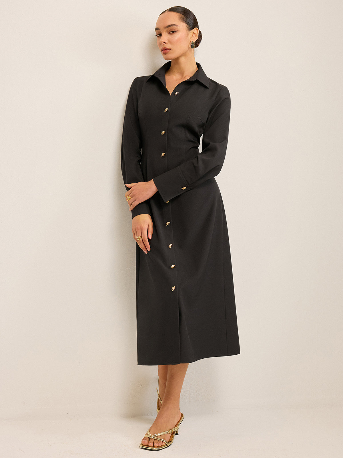 Long Sleeve Button-Front Shirt Dress-Chicvia