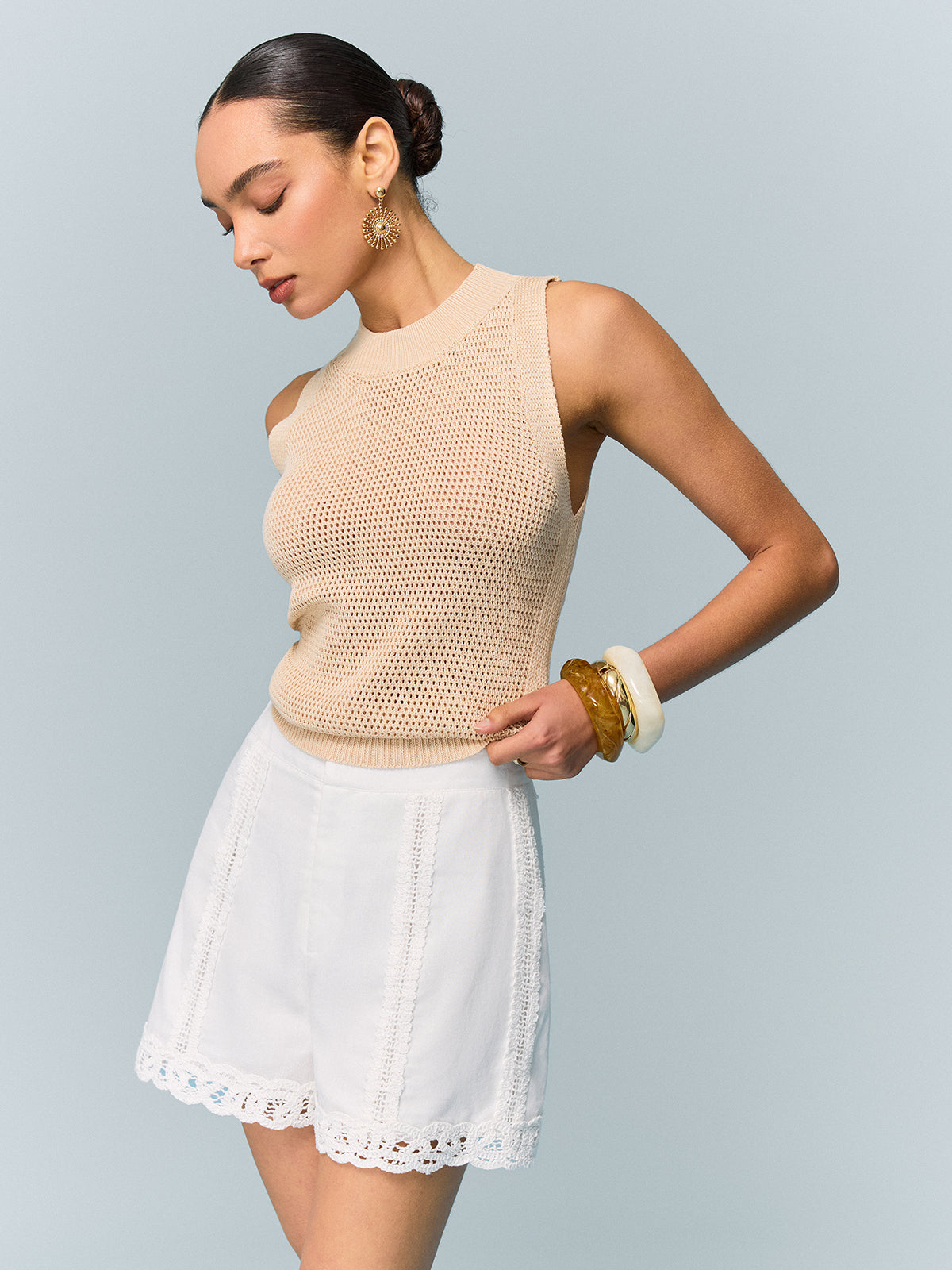Crochet-Trimmed Wide-Leg Shorts-Chicvia