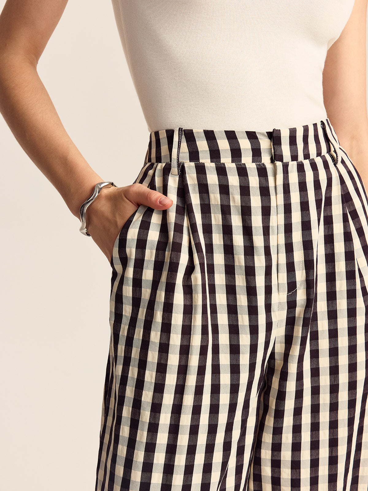 Gingham Wide-Leg Pants-Chicvia