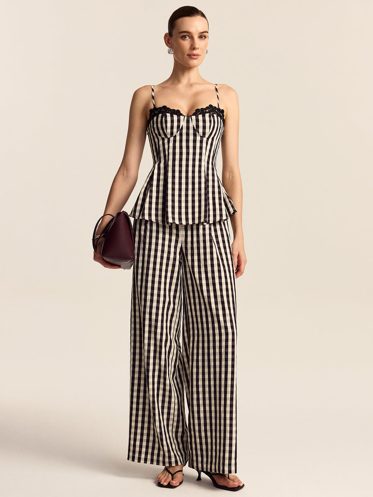 Gingham Wide-Leg Pants-Chicvia