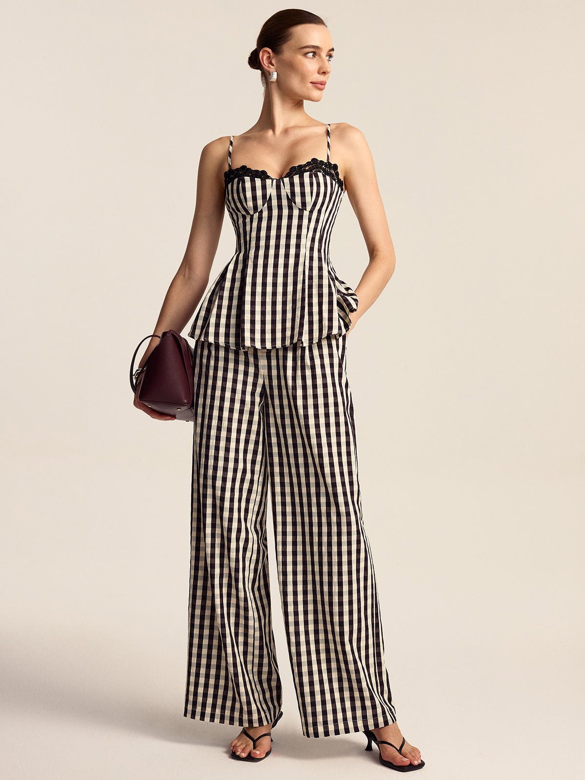 Gingham Wide-Leg Pants-Chicvia