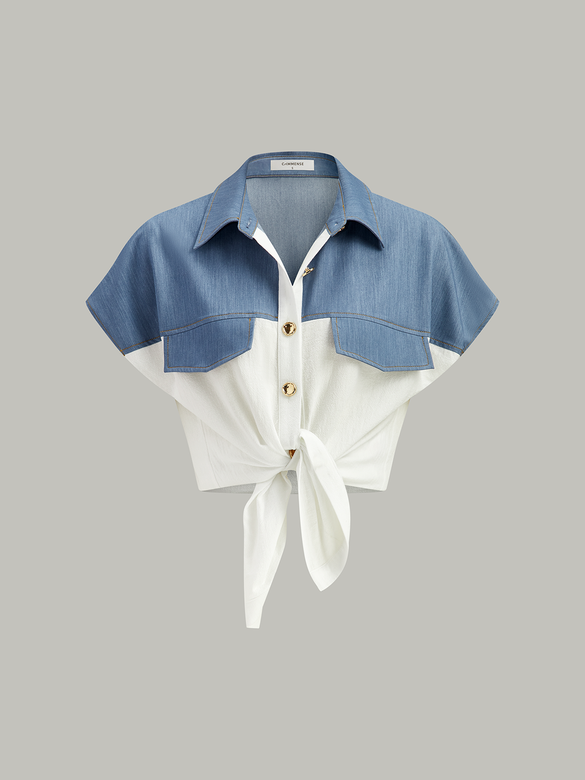 Color-Blocked Short-Sleeved Shirt-Chicvia