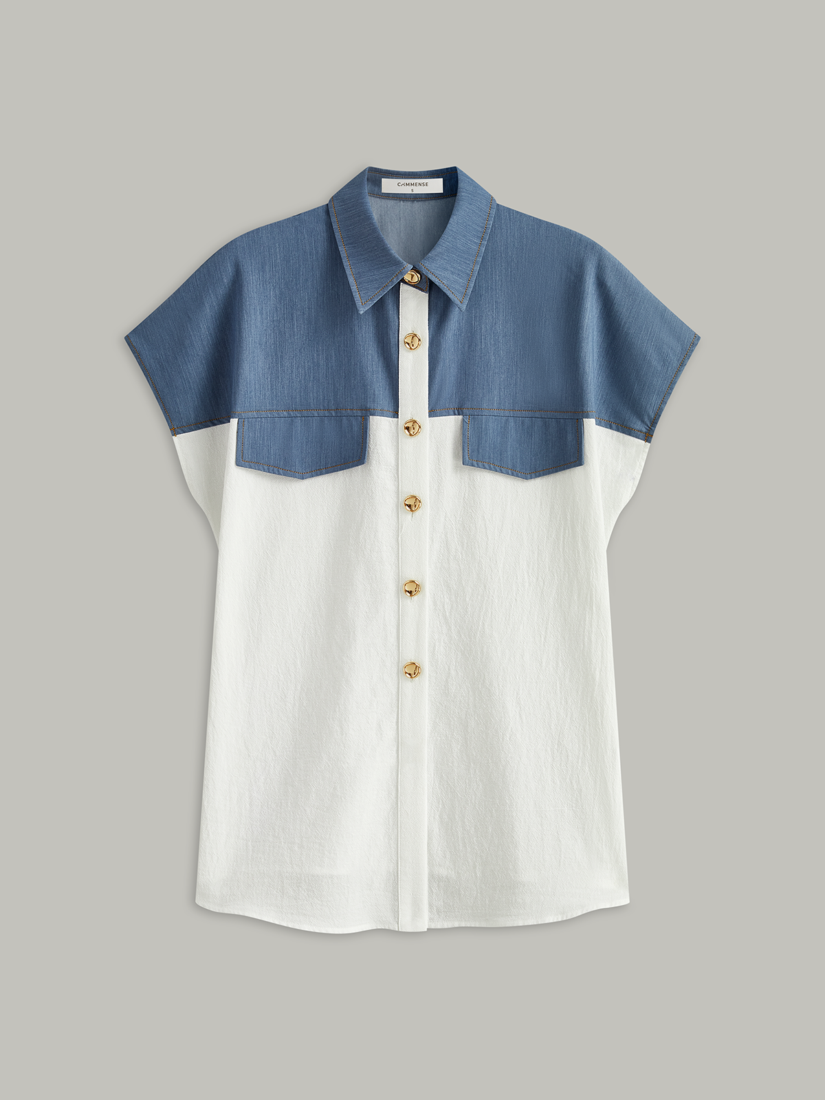 Color-Blocked Short-Sleeved Shirt-Chicvia