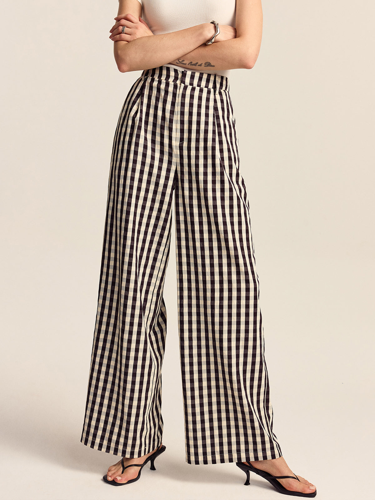 Gingham Wide-Leg Pants-Chicvia