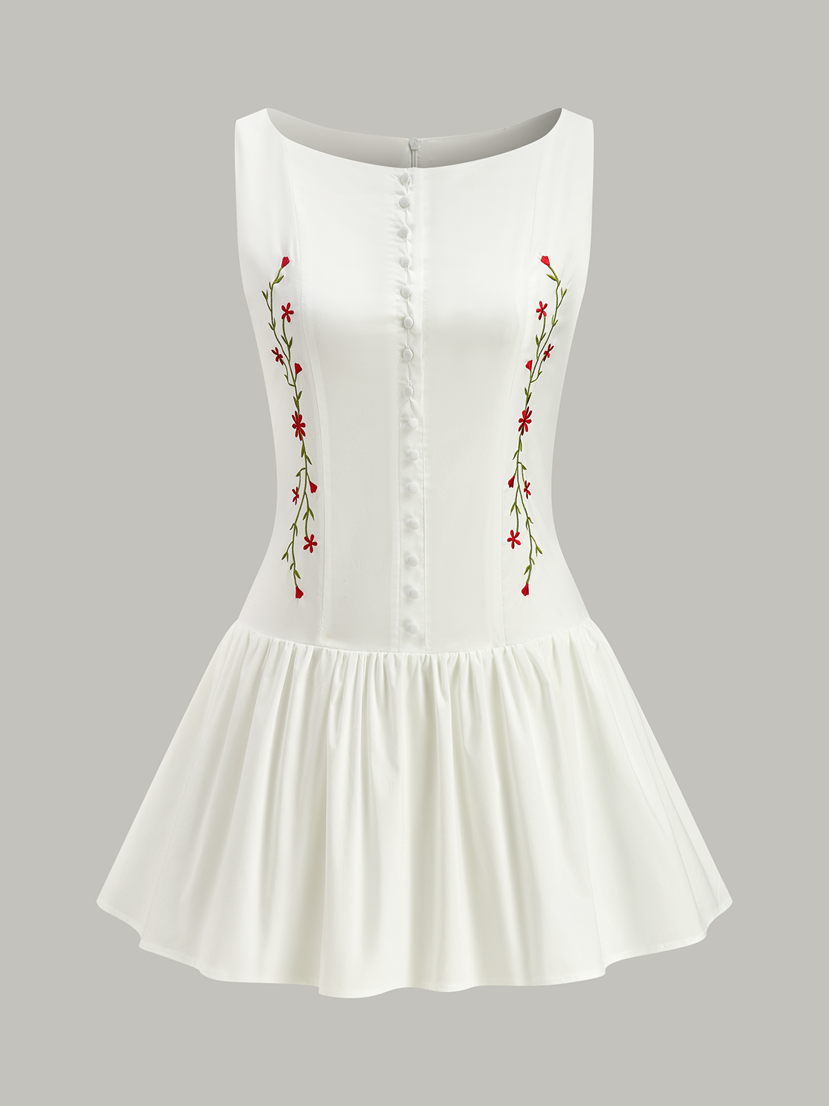 Embroidered Floral Mini Dress with Front Buttons-Chicvia