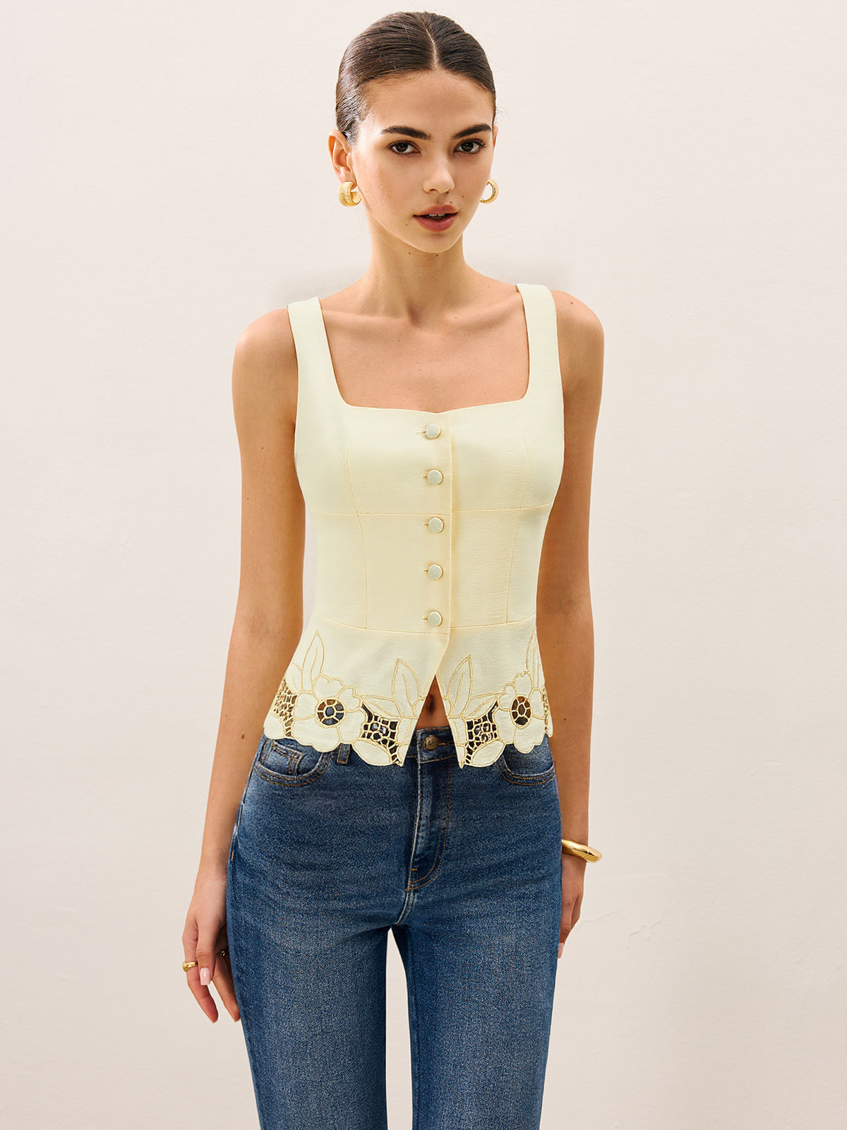 Linen & Cotton Embroidered Tank Top-Chicvia
