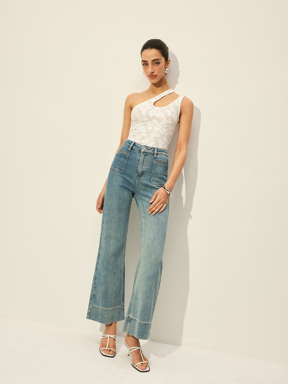 Mid-Waist Denim Pants With Pockets-Chicvia