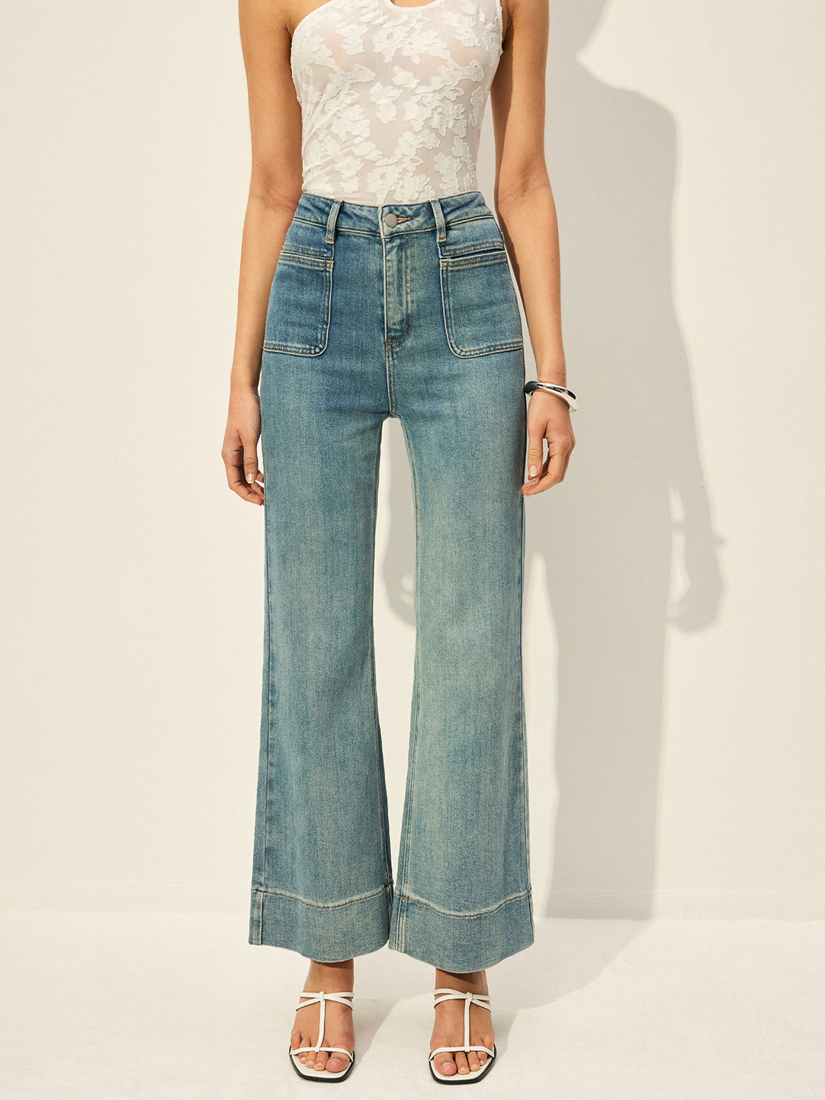 Mid-Waist Denim Pants With Pockets-Chicvia