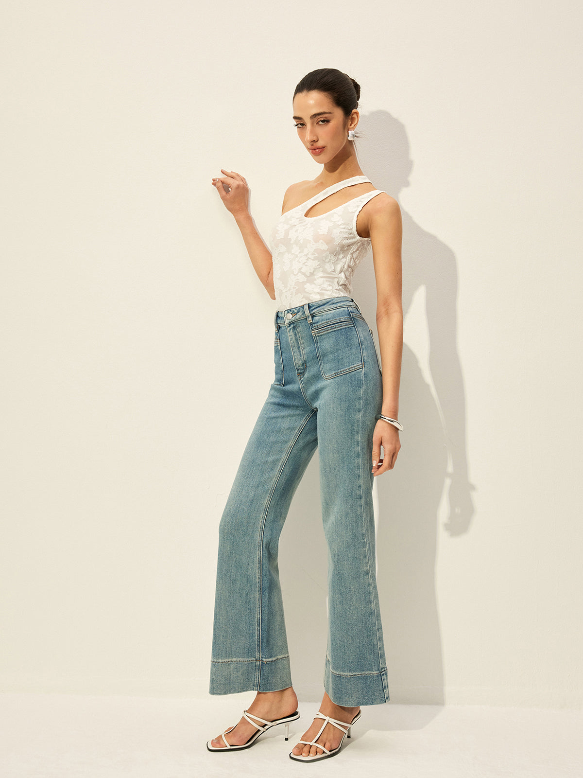 Mid-Waist Denim Pants With Pockets-Chicvia