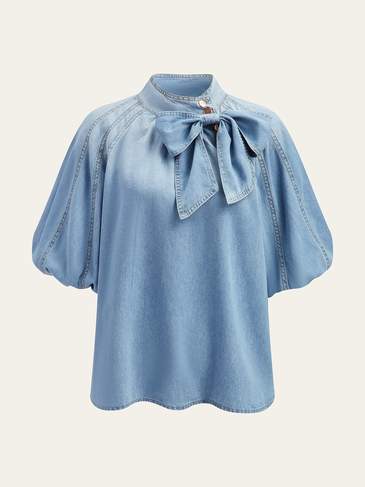 Denim Puff-Sleeve Top With Bow Detail-Chicvia