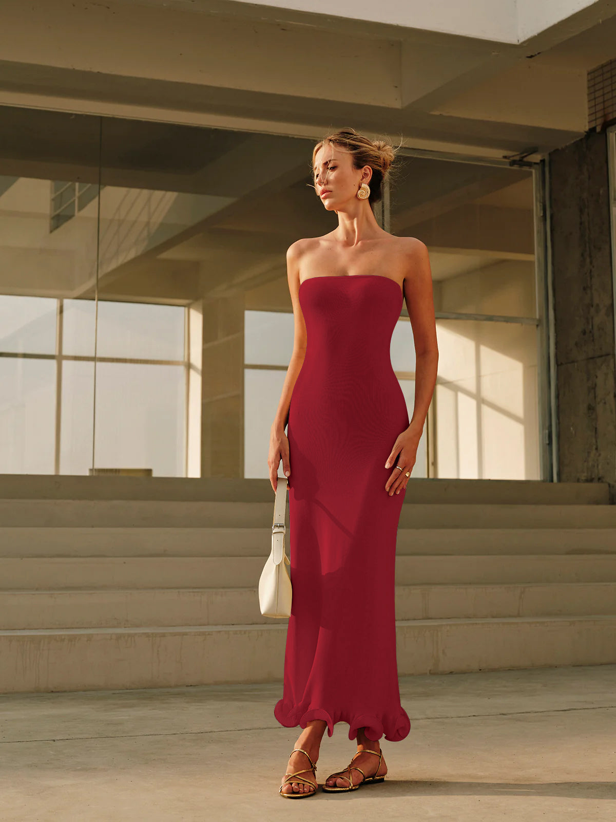 Cold-Shoulder Knit Ruffle Dress-Chicvia