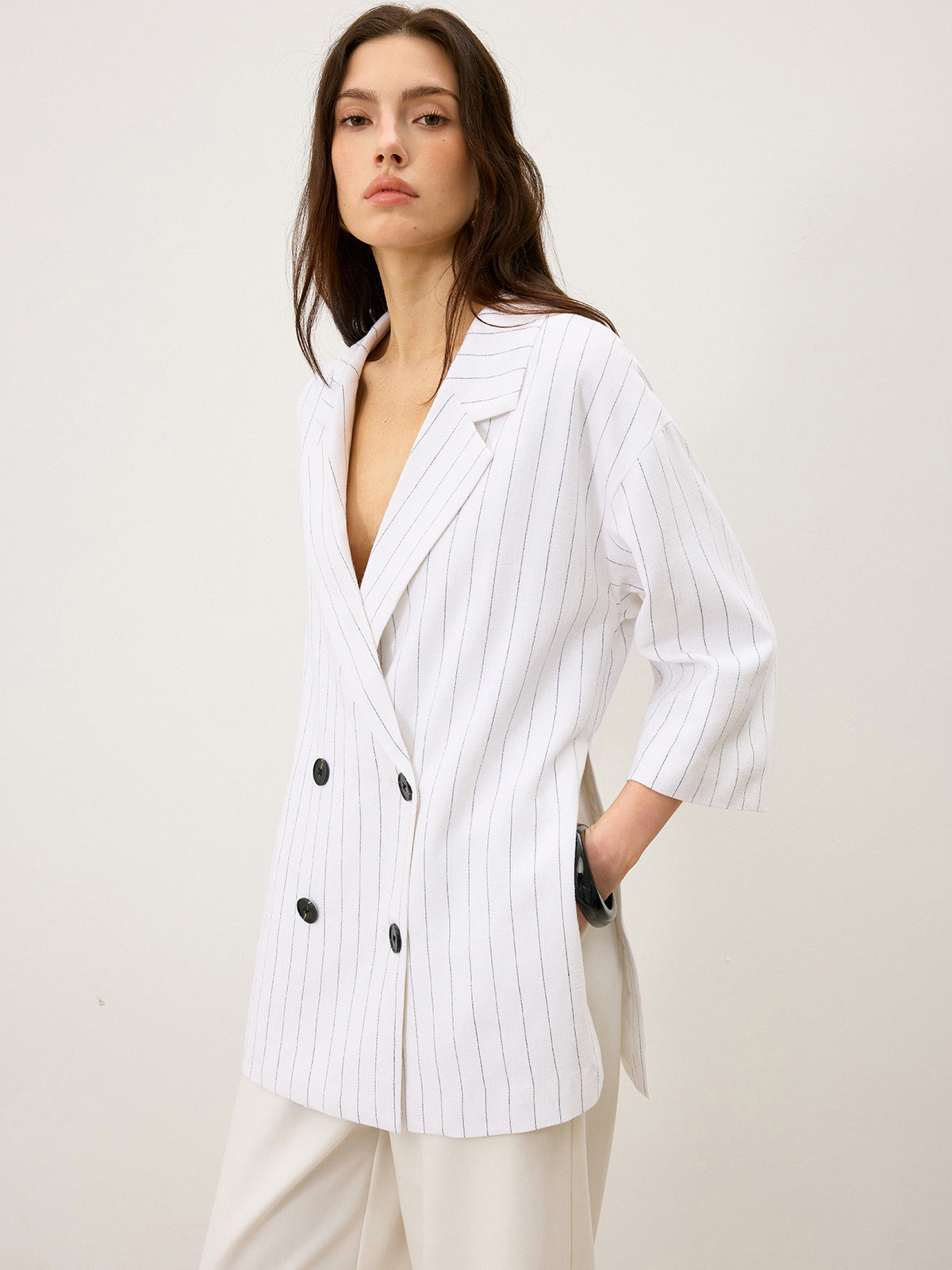 Linen&Cotton Oversized Striped Side Slit Double-Breasted Blazer-Chicvia