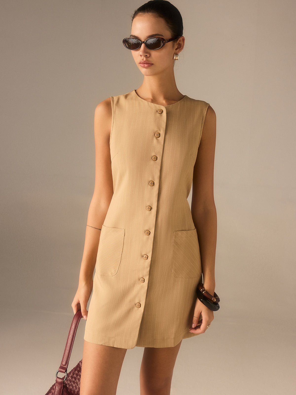 Cotton Blend Buttoned Dress with Pockets and Ties-Chicvia
