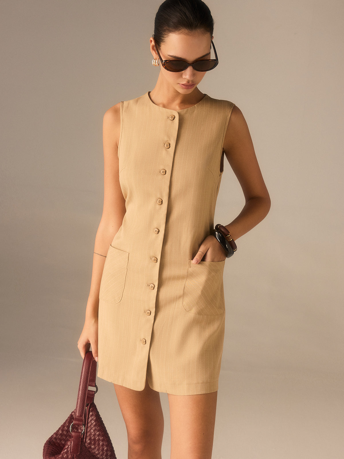 Cotton Blend Buttoned Dress with Pockets and Ties-Chicvia