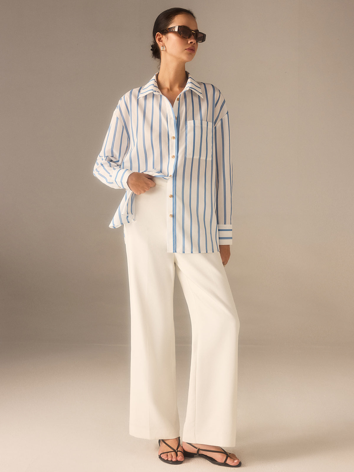 Oversized Striped Button Shirt-Chicvia