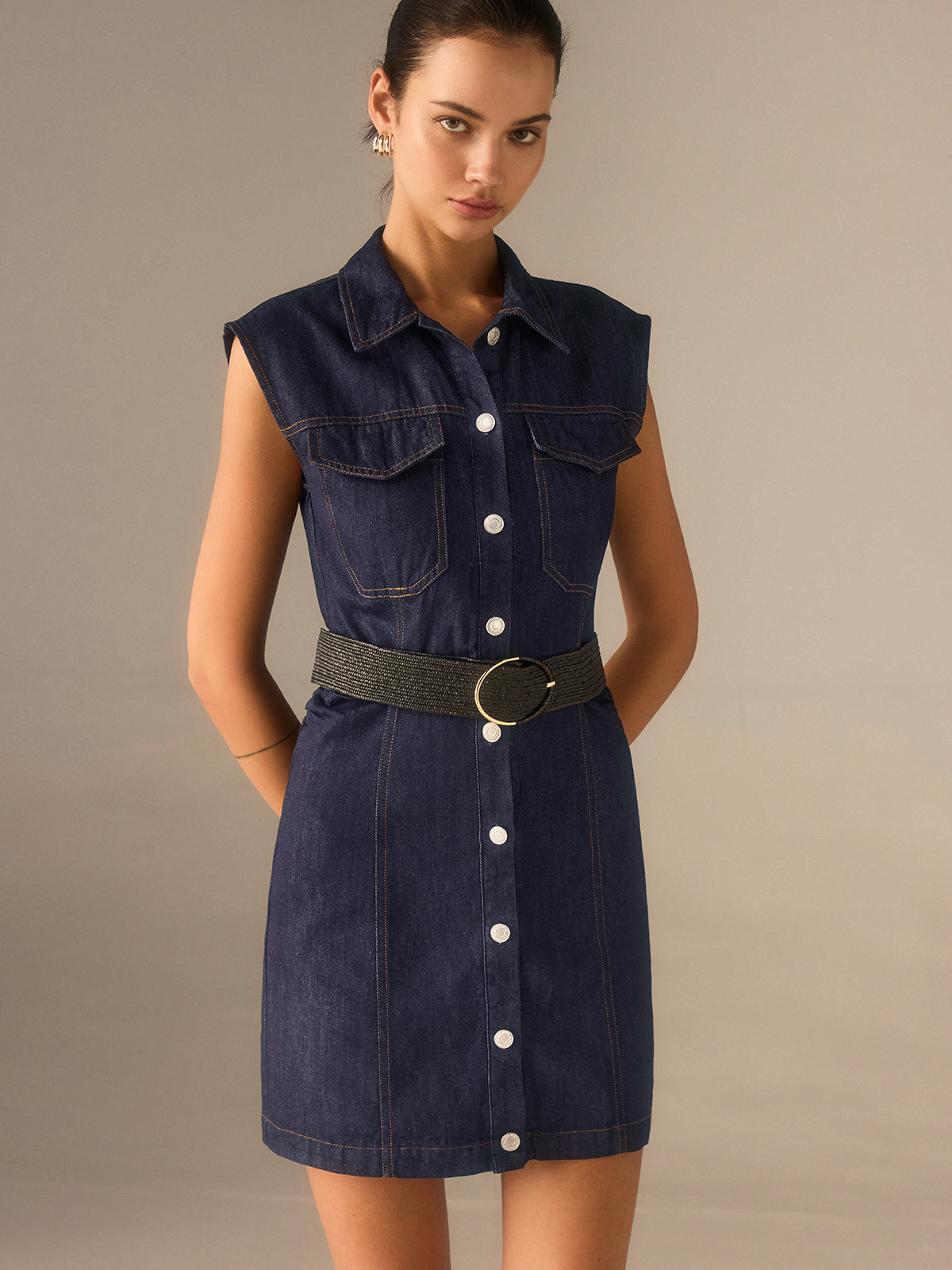 Denim Button-Front Collared Sleeveless Dress Without Belted-Chicvia