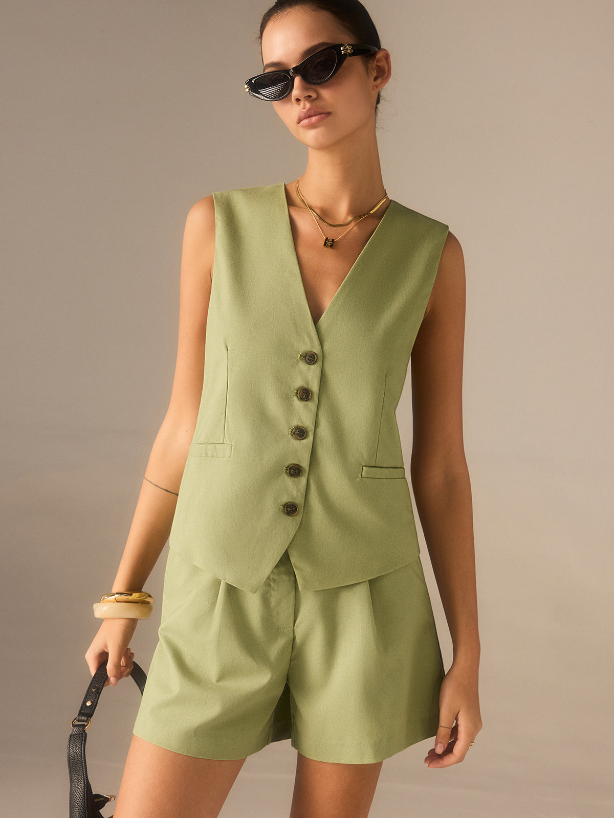 Linen & Cotton Buttoned Vest-Chicvia