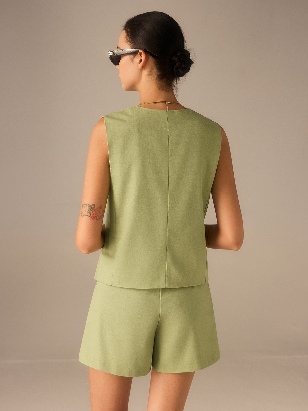 Linen & Cotton Buttoned Vest-Chicvia