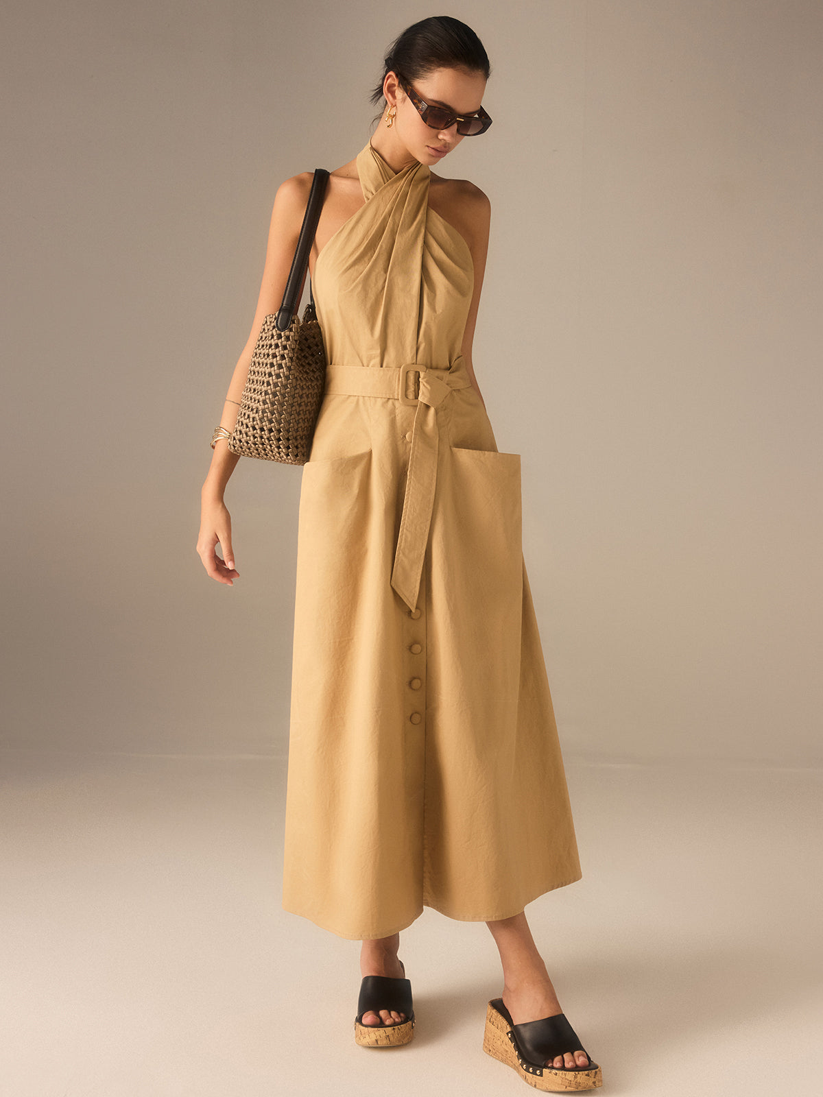 Cotton Pleated Halter Neck Belted Midi Dress-Chicvia