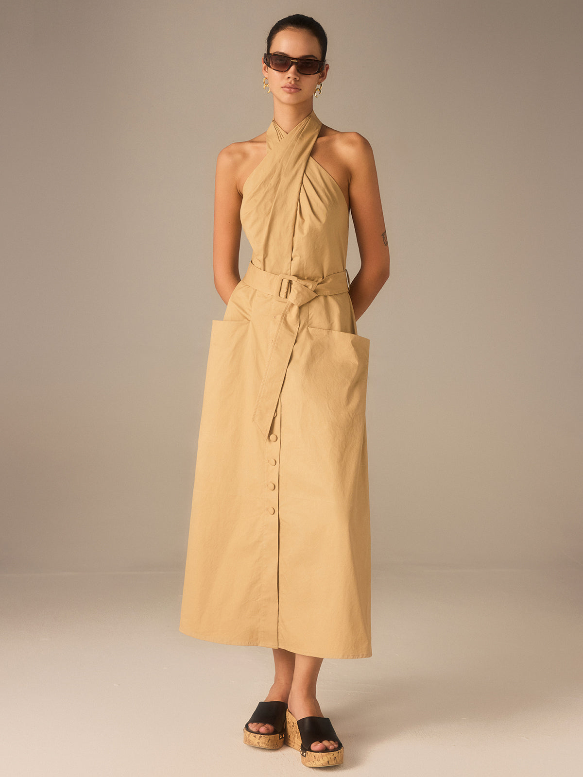 Cotton Pleated Halter Neck Belted Midi Dress-Chicvia