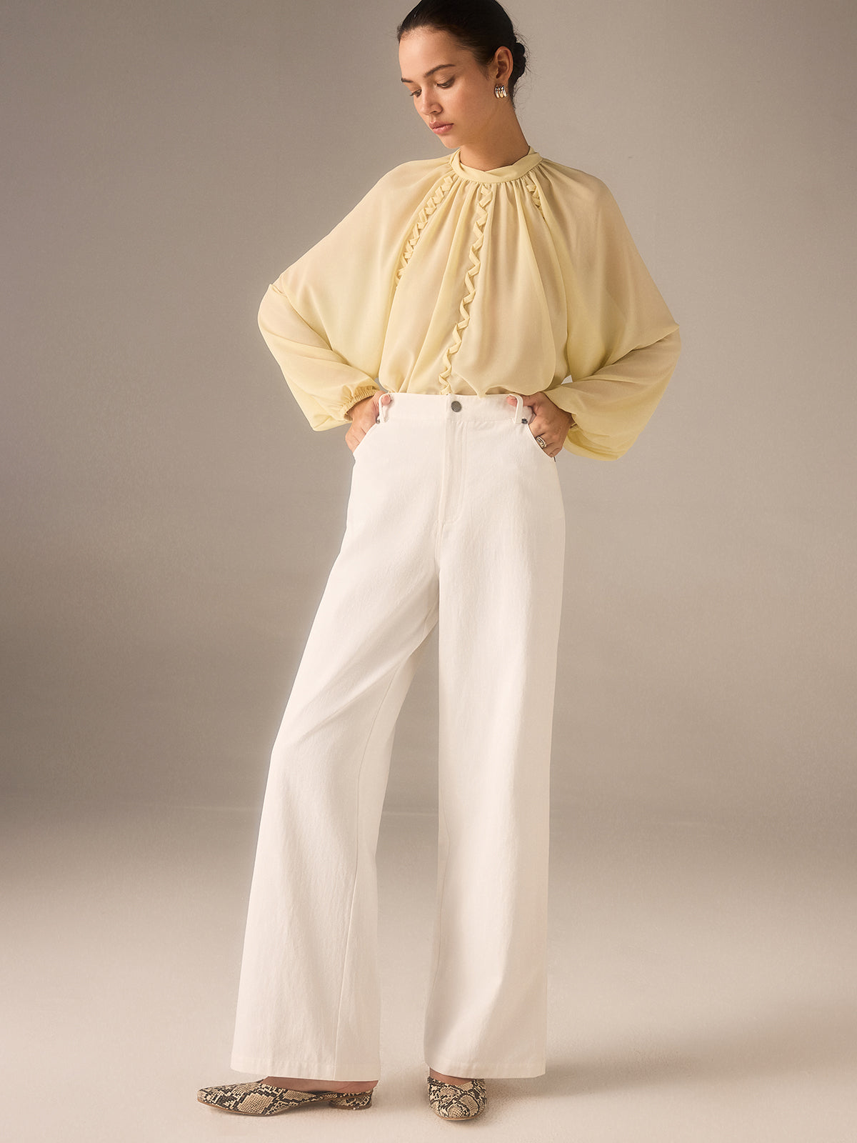 Cotton Twill Wide-Leg Pants with Metal Rivet Button-Chicvia