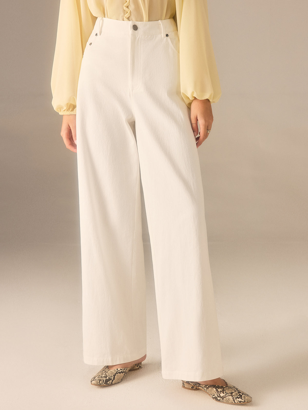 Cotton Twill Wide-Leg Pants with Metal Rivet Button-Chicvia