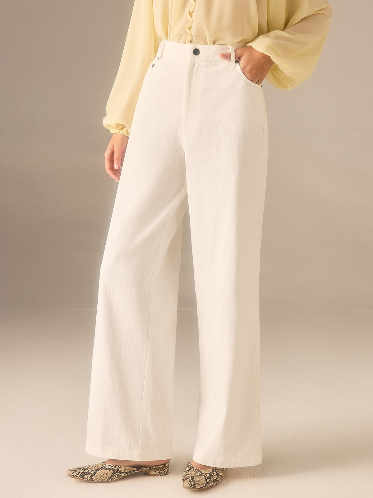 Cotton Twill Wide-Leg Pants with Metal Rivet Button-Chicvia