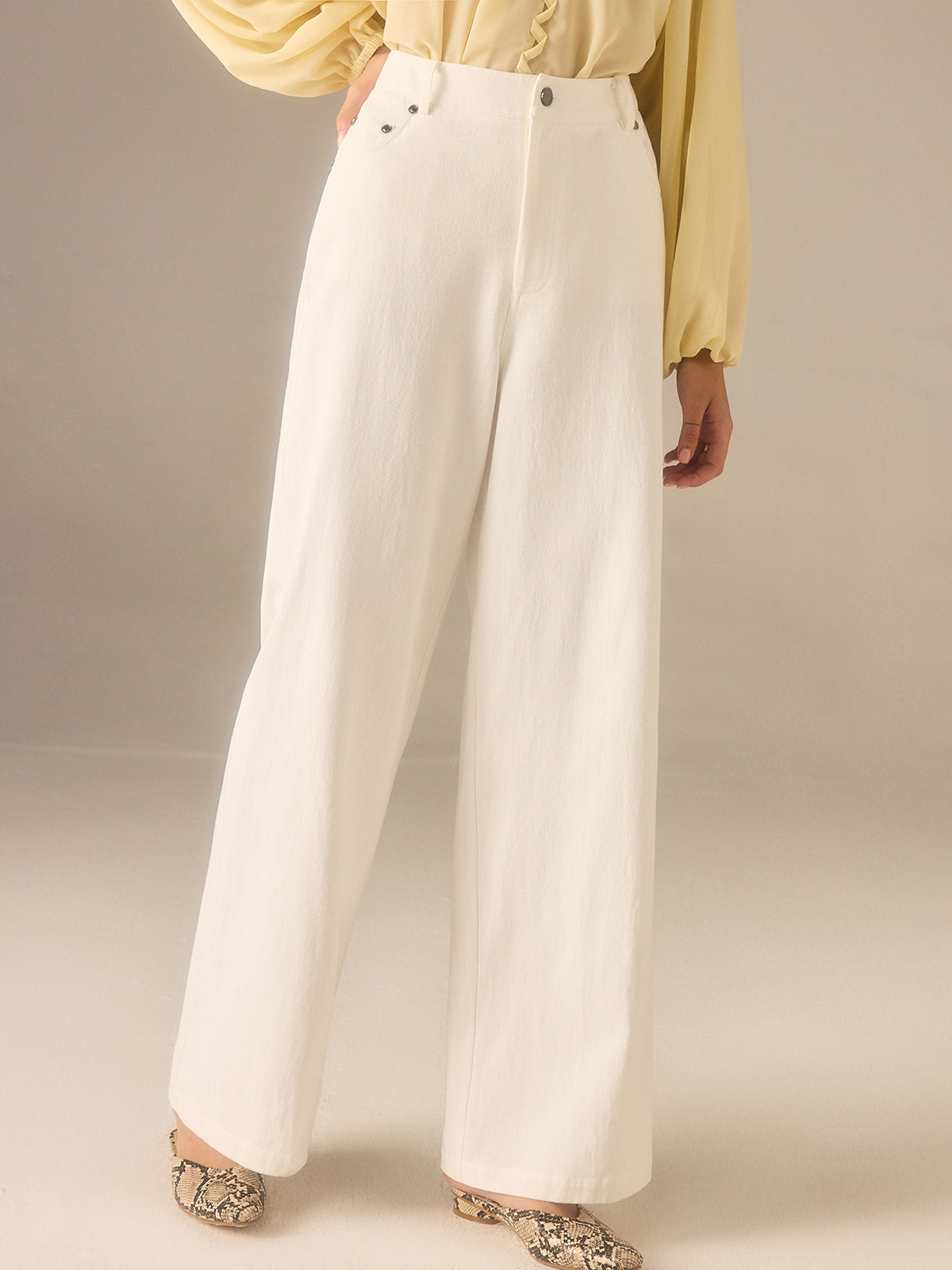 Cotton Twill Wide-Leg Pants with Metal Rivet Button-Chicvia