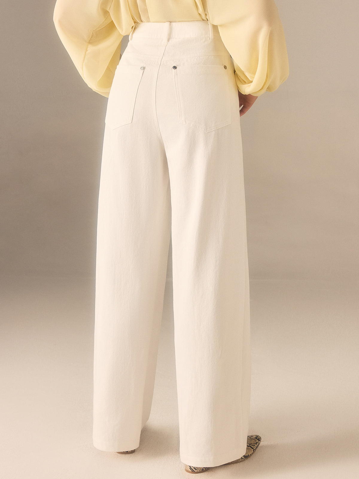 Cotton Twill Wide-Leg Pants with Metal Rivet Button-Chicvia