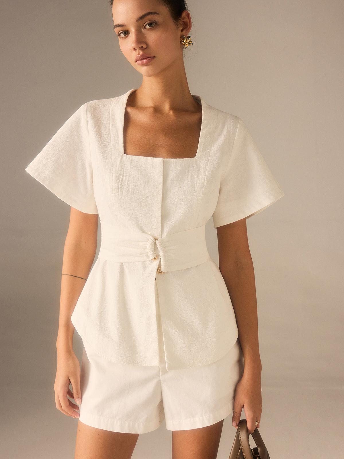 Cotton Square Neckline Top with Belted Waist-Chicvia