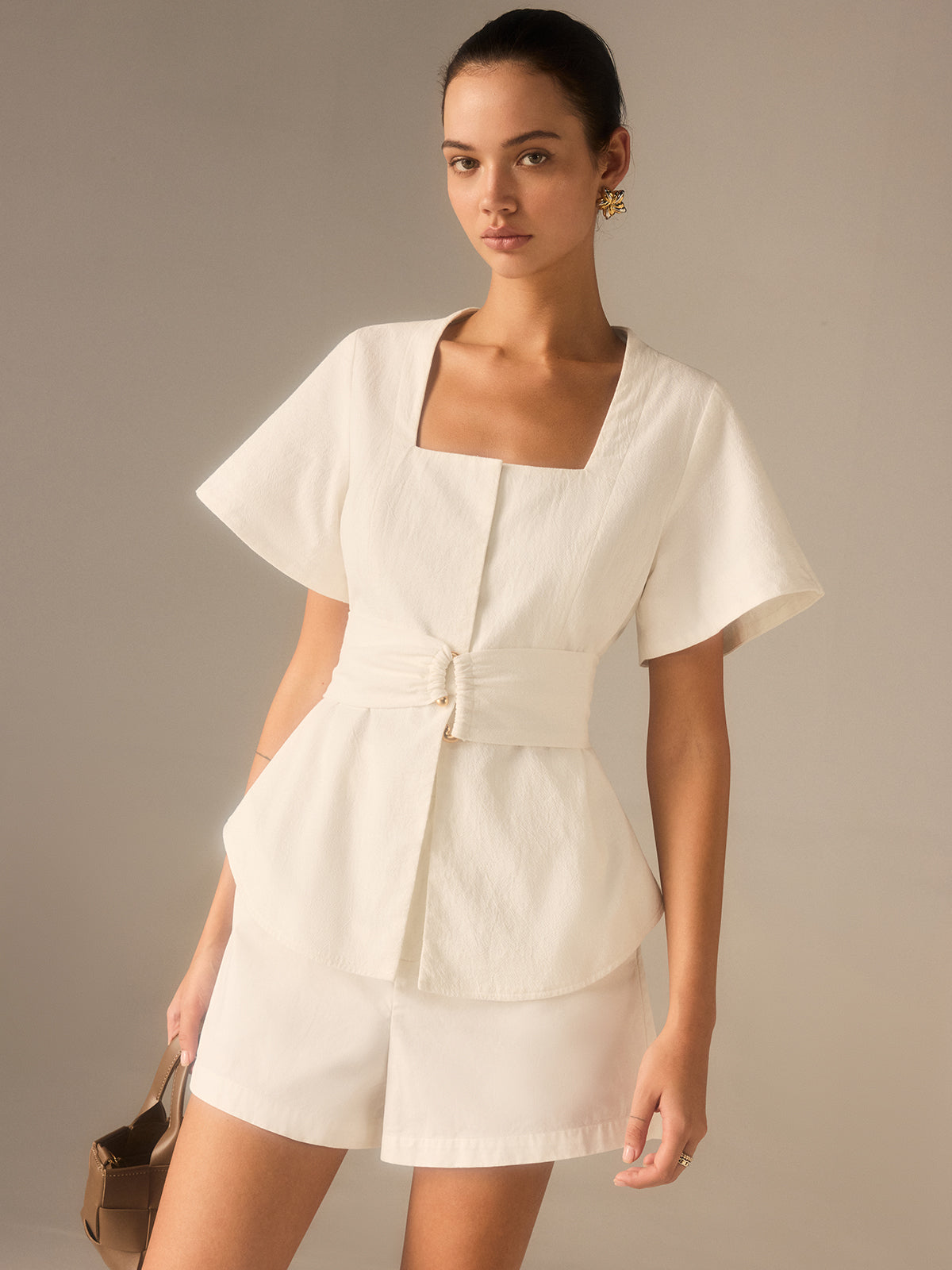 Cotton Square Neckline Top with Belted Waist-Chicvia
