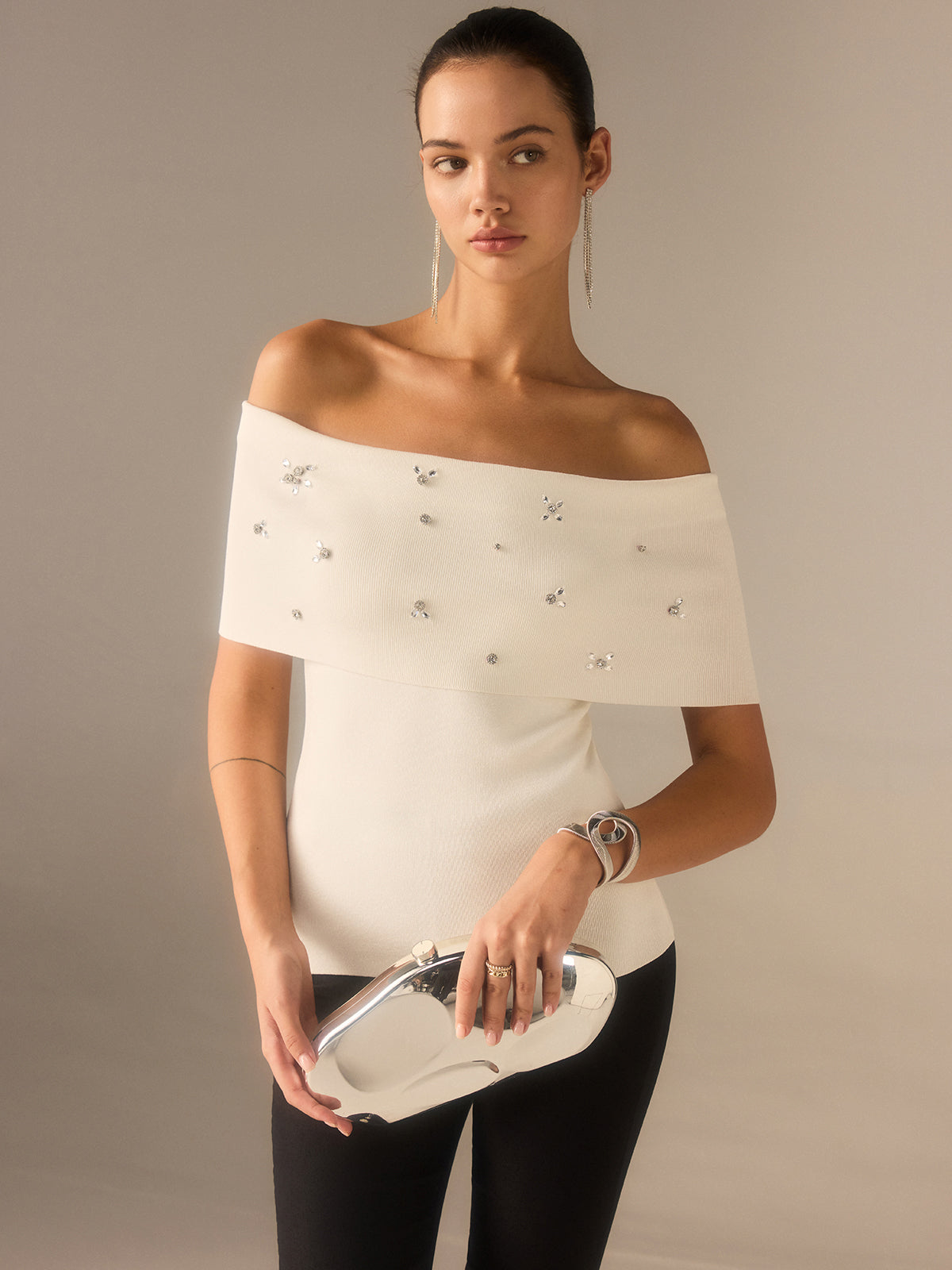 Off-Shoulder Knit Top with Crystal Embellishments-Chicvia