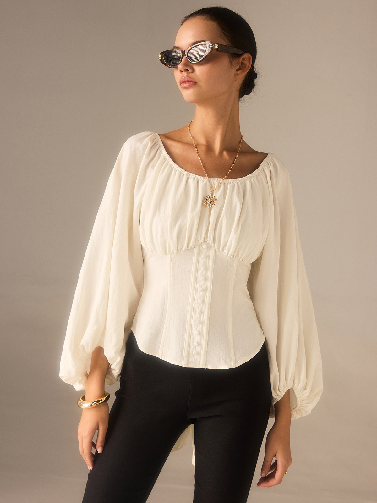Off-Shoulder Lantern-Sleeve Top with Bow Back-Chicvia