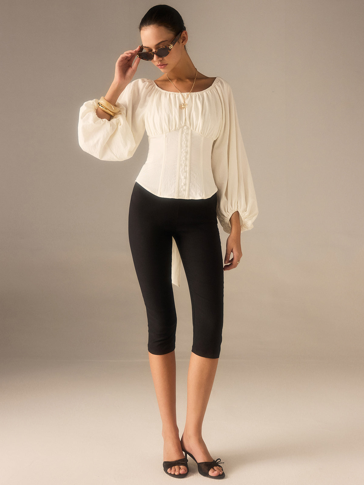 Off-Shoulder Lantern-Sleeve Top with Bow Back-Chicvia