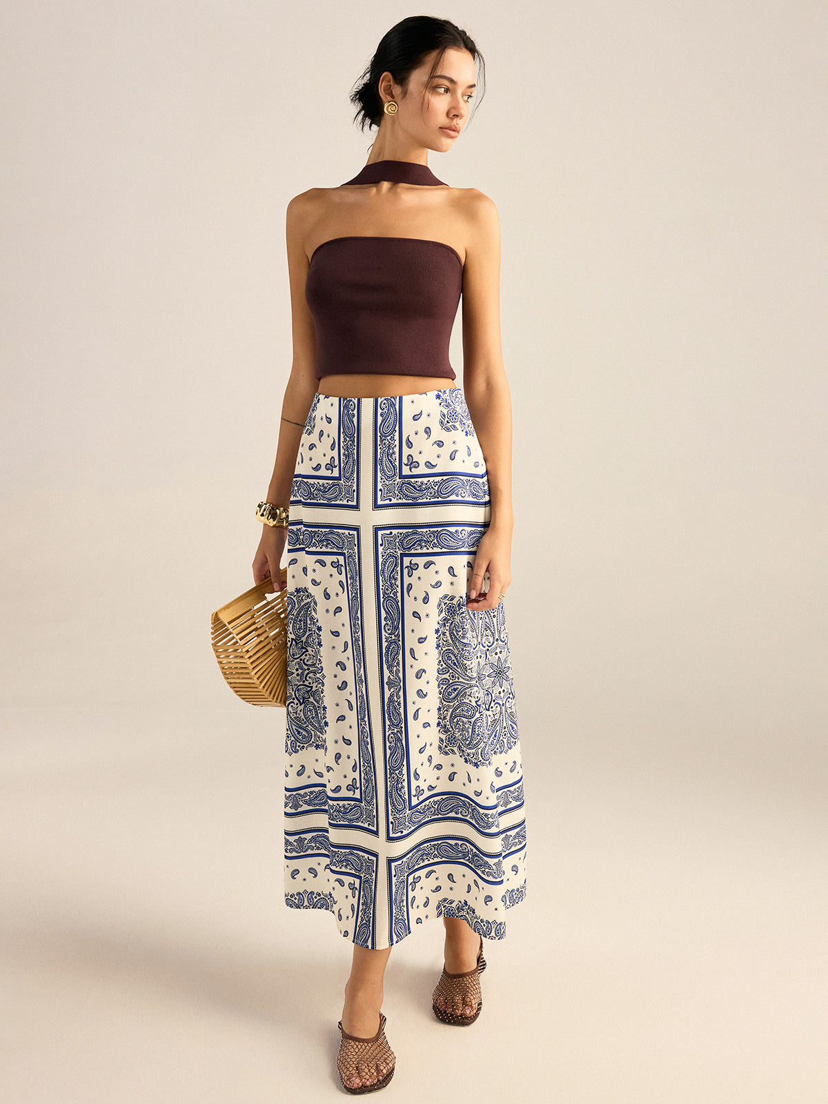 Paisley Printed Maxi Skirt-Chicvia
