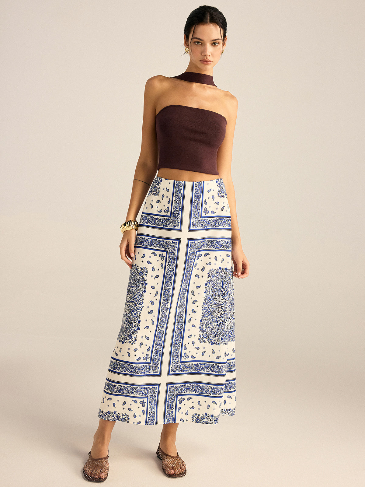 Paisley Printed Maxi Skirt-Chicvia