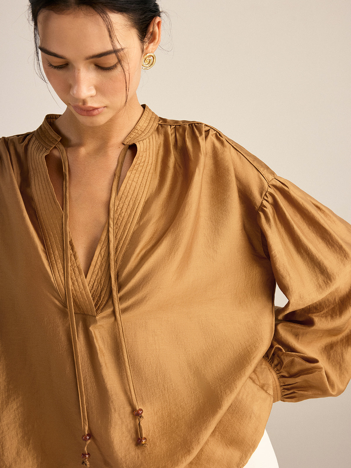 Oversized Tencel Tie Neck Blouse-Chicvia