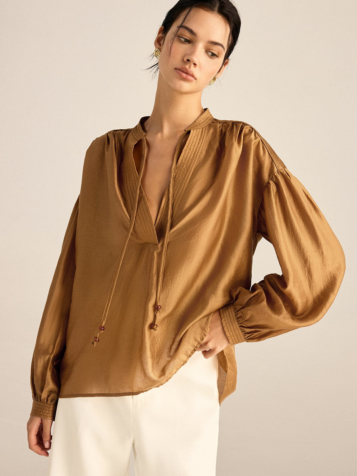 Oversized Tencel Tie Neck Blouse-Chicvia